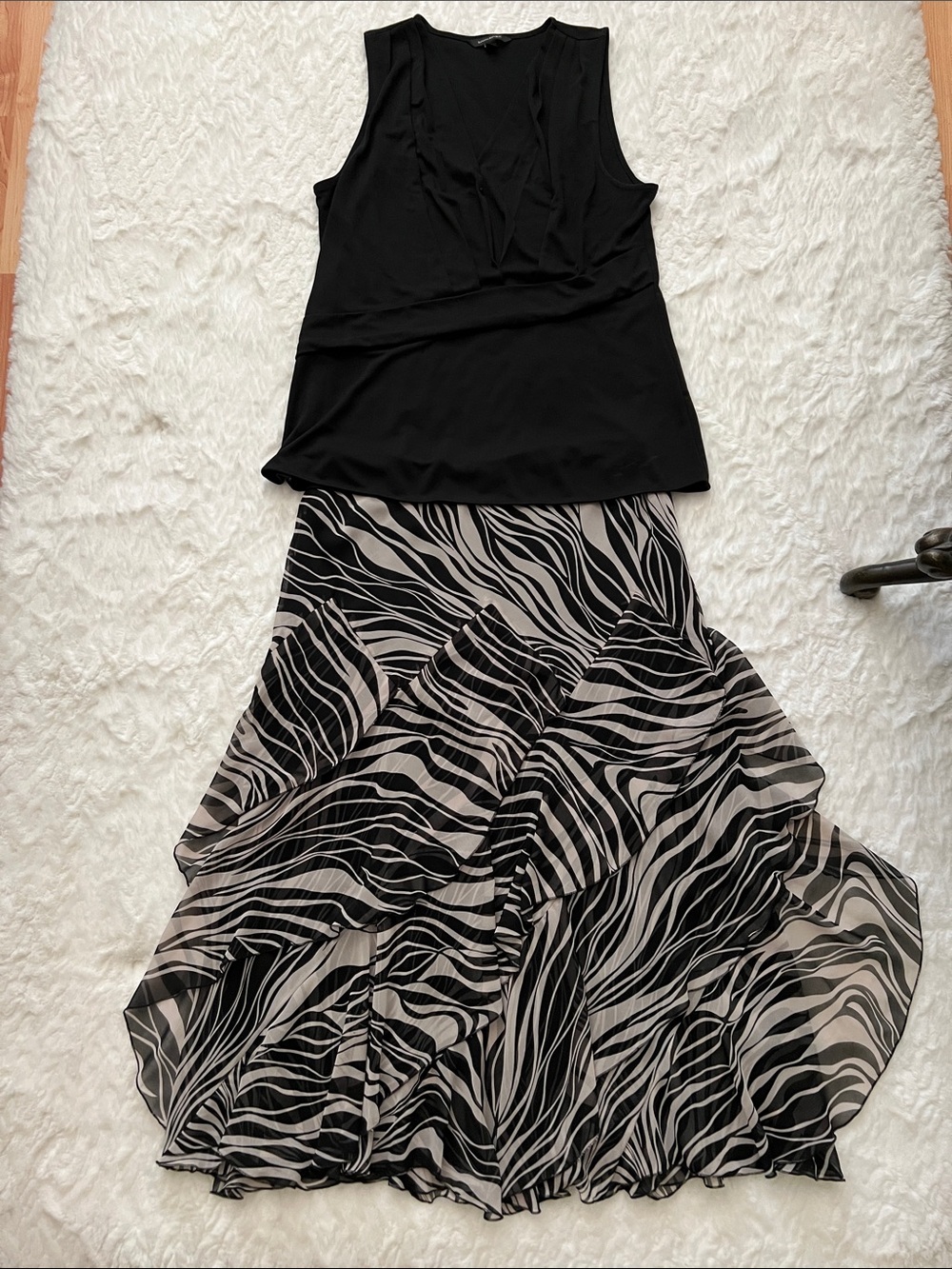 Black & White Zebra Print Tiered Maxi Skirt & Banana Republic Blouse- Women